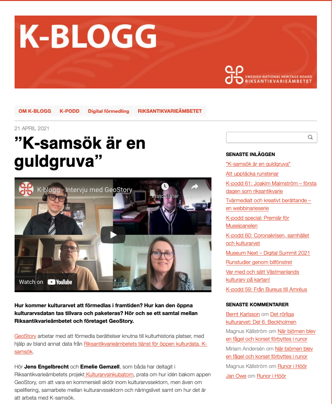 GeoStory på Riksantikvarieämbetets K-blogg